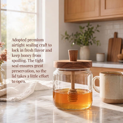 17 oz glass honey jar with wooden dipping spout and lid, sealed honey dispenser, kitchen wide mouthed honey pot, rural glass honey jar with dipping spout stick