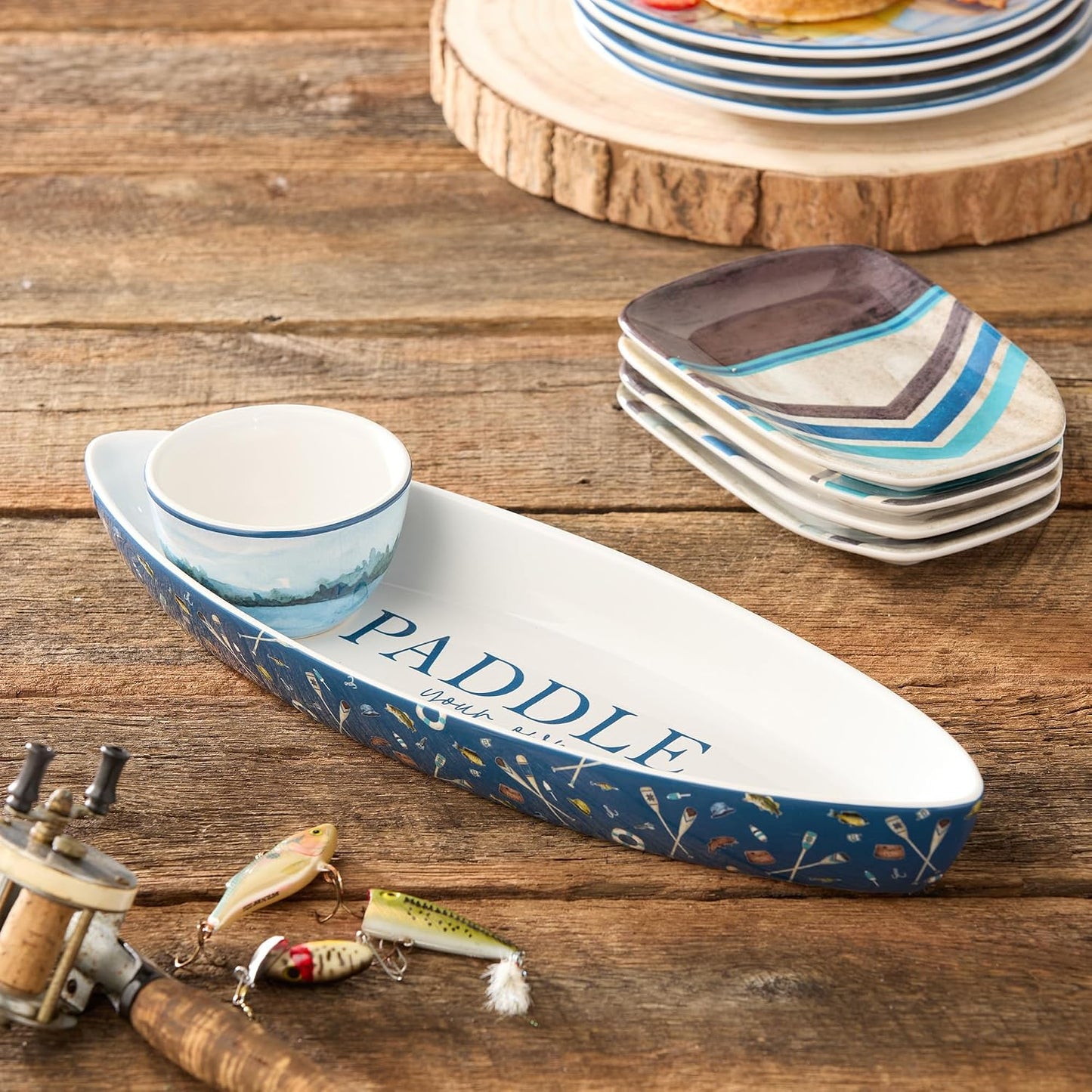 Wake at the Lake 3-D Canoe Chip & Dip Set, Two-Piece Serving Tray with Dip Bowl & Spreading Knife, Durable Design, Lightweight & Easy to Clean, Perfect for Chips, Veggies & Dips