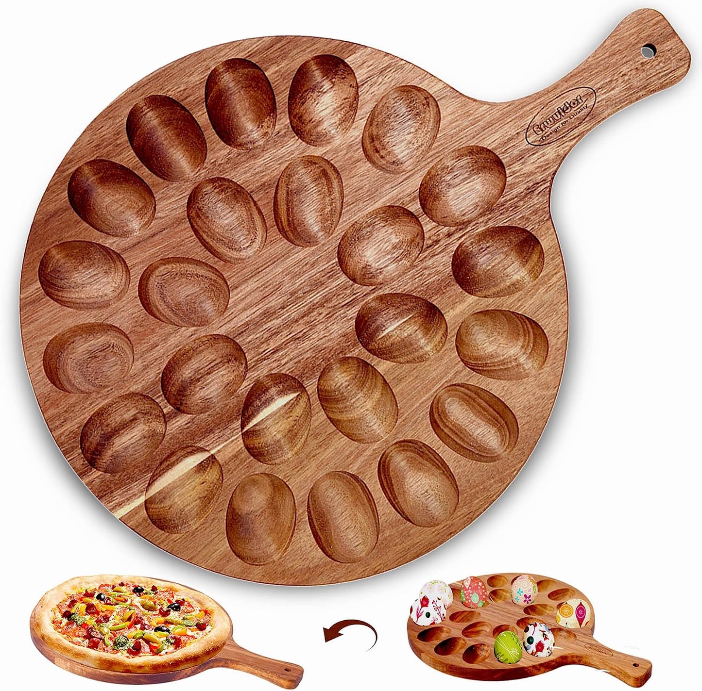 2-Pack 24 Holes Deviled Egg Platter,Acacia Wooden Round Deviled Egg Charcuterie Board Tray Holder Carrier with Handle for Kitchen Countertops