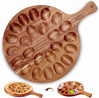 2-Pack 24 Holes Deviled Egg Platter,Acacia Wooden Round Deviled Egg Charcuterie Board Tray Holder Carrier with Handle for Kitchen Countertops