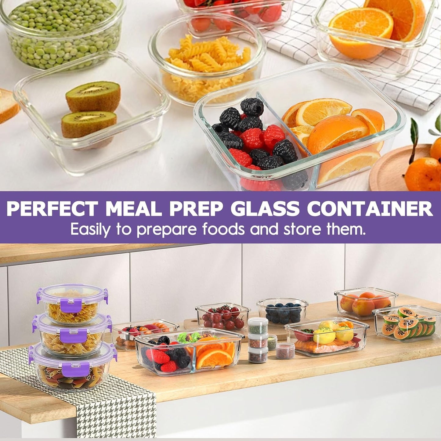 AMALEKO 42pcs Glass Food Storage Containers with Snap Locking Lids Set, Glass Meal Prep Containers (21 Container & 21 Lids),Leak Proof Lunch Containers BPA-Free,Black