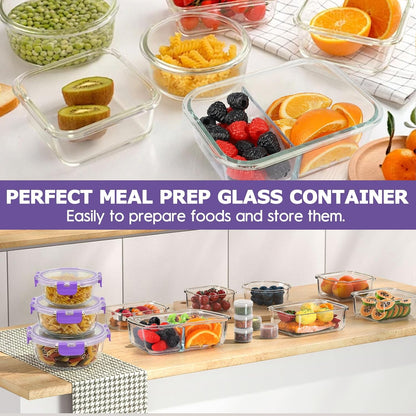 AMALEKO 42pcs Glass Food Storage Containers with Snap Locking Lids Set, Glass Meal Prep Containers (21 Container & 21 Lids),Leak Proof Lunch Containers BPA-Free,Black