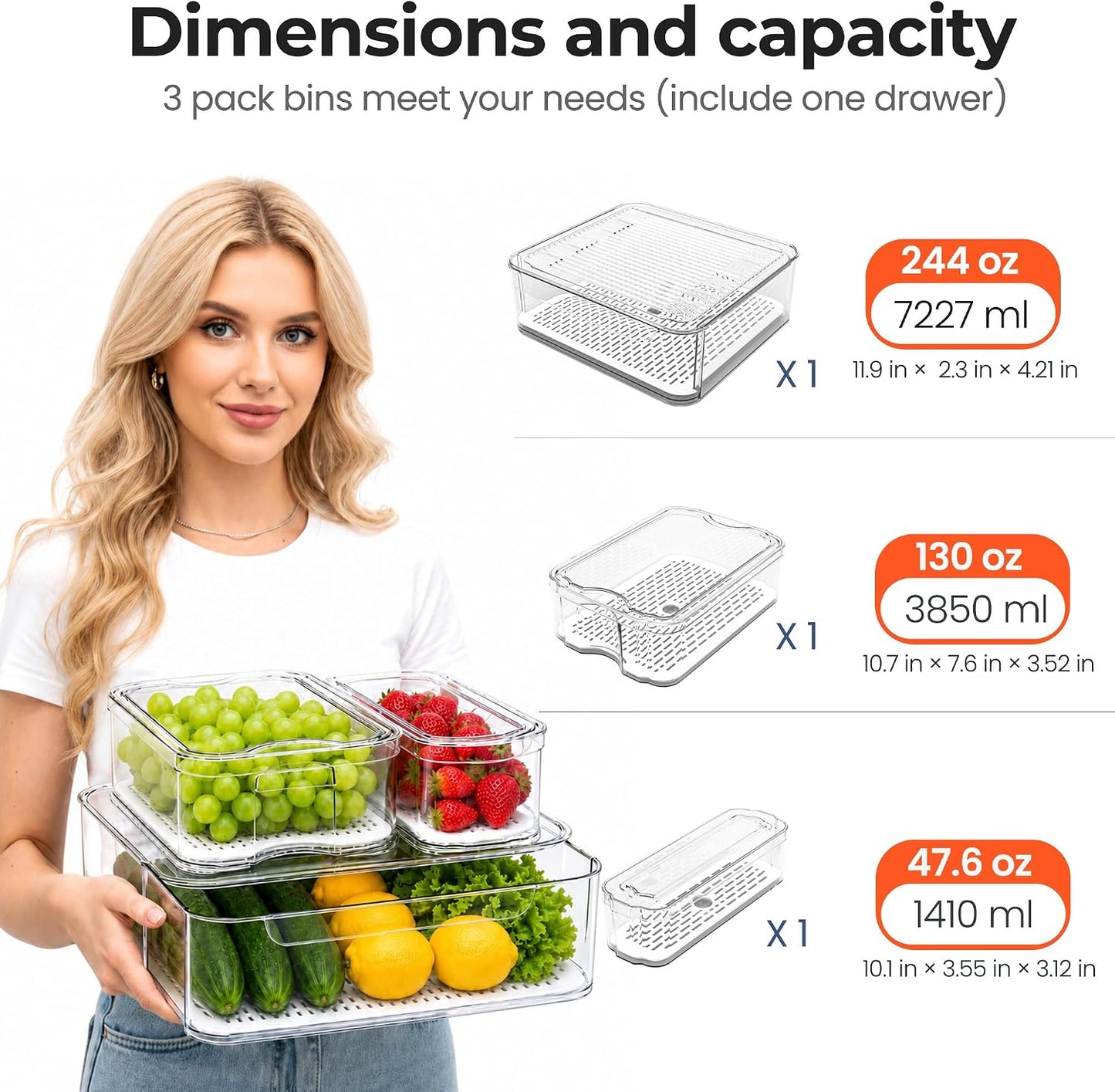 SMRCAD Refrigerator Organizers and Storage, 6 Pack with 1 Pull-Out Drawer and 5 Lidded Bins, Fruit Storage Containers for Fridge with Drain Trays, Helps Keep Produce Fresh