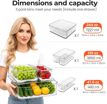 SMRCAD Refrigerator Organizers and Storage, 6 Pack with 1 Pull-Out Drawer and 5 Lidded Bins, Fruit Storage Containers for Fridge with Drain Trays, Helps Keep Produce Fresh