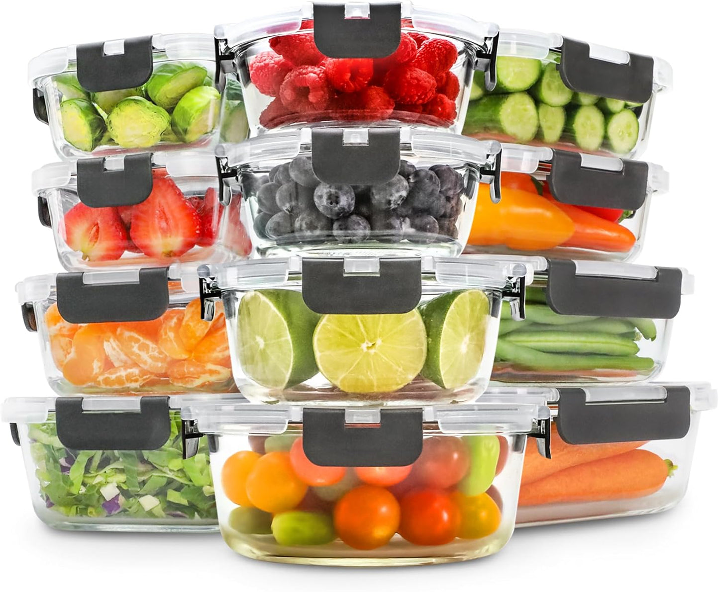 Freshware Glass Storage Containers with Lids, 24 Pieces, 12 Containers with 12 Lids, Glass Meal Prep Container for Lunch, Food Storage Containers, Leak Proof, Freezer Safe, Gray
