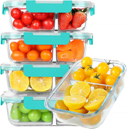 KOMUEE 30 oz 5 Pack Glass Meal Prep Containers 2 Compartments, Glass Food Storage Containers with Lids, Airtight Lunch Box, Microwave, Oven and Freezer Safe, White