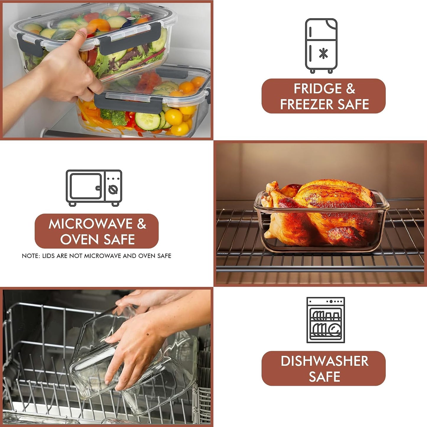 Razab 4 Pcs 1860ml / 63 Oz Large Glass Food Storage Containers with Lids - Glass Meal Prep Containers with Locking Lids for Roasting, Storing Leftover, Lunch Container, BPA Free, Microwave & Oven Safe