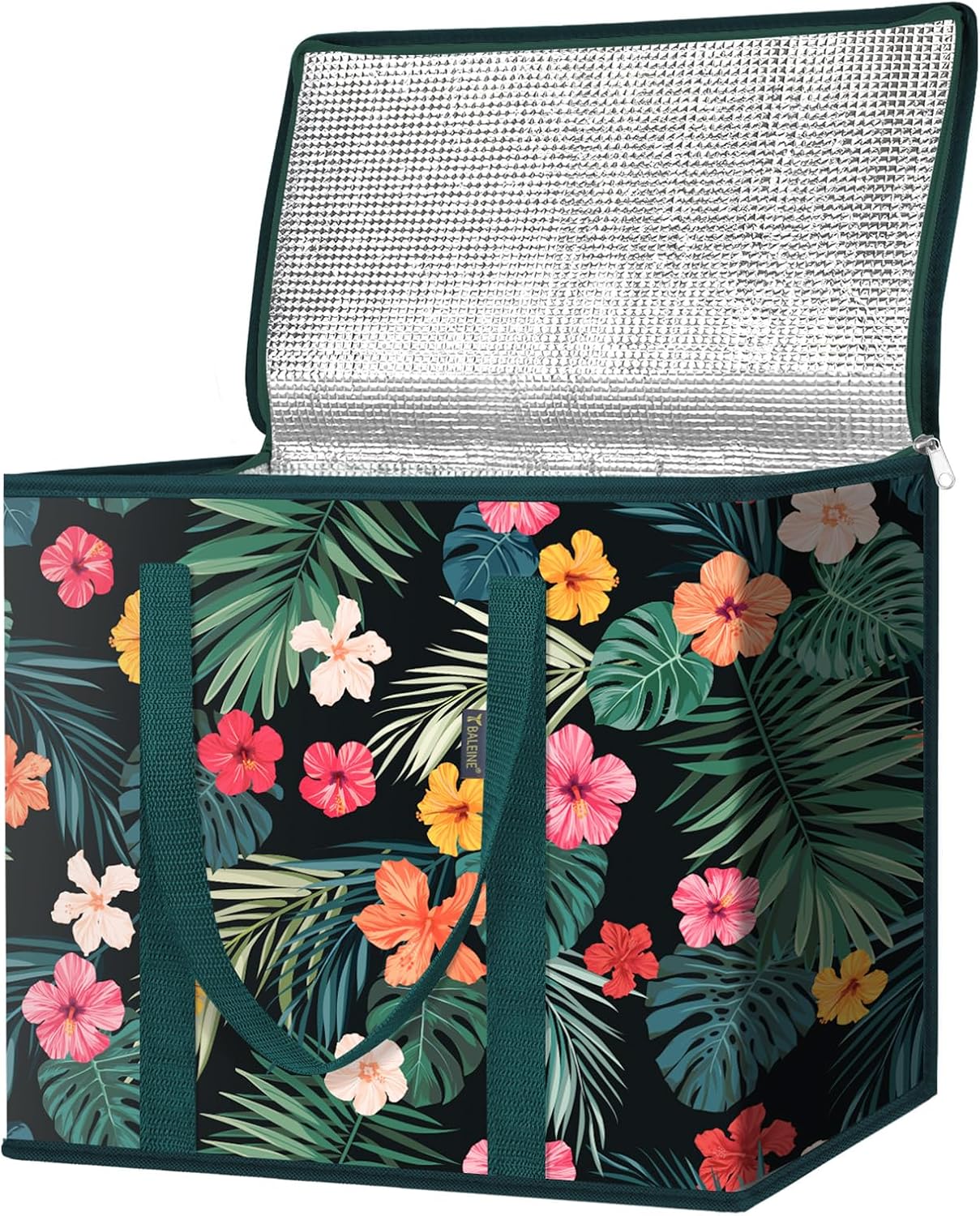 BALEINE 2Pk Insulated Reusable Grocery Bags, Collapsible Cooler Bag for Groceries, Heavy Duty Large Insulated Bag (16''x9''x13'', Antique Foliage)