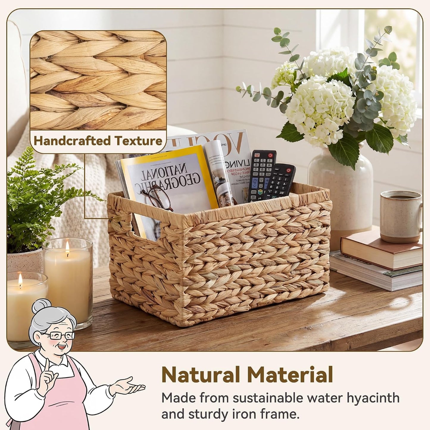 GRANNY SAYS Wicker Storage Baskets for Shelves, Water Hyacinth Basket with Scalloped Edge, Storage Wicker Baskets for Pantry, Large, 2-Pack