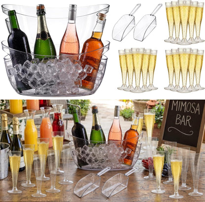 meekoo 104 Pcs Ice Buckets for Parties Set, 2 Pack 5.5l Clear Beverage Tub, 100 Pack 4.5oz Plastic Champagne Flutes, 2 Ice Scoops, Mimosa Bar Drink Supplies for Beer Wine Champagne Juice(Clear)