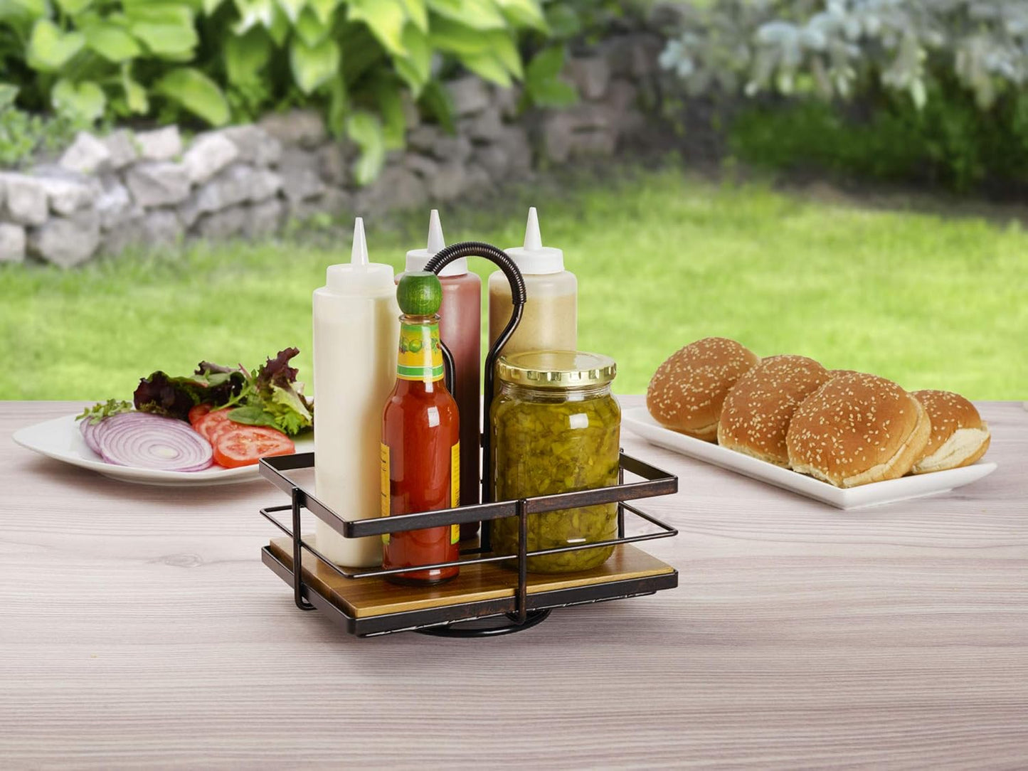 Mikasa Gourmet Basics Hanover Condiment Caddy with Rotating Caddy Organizer Design, Acacia Wood Insert - Durable, BPA-Free, Heavy-Gauge Carbon Structured Steel for Condiment Storage
