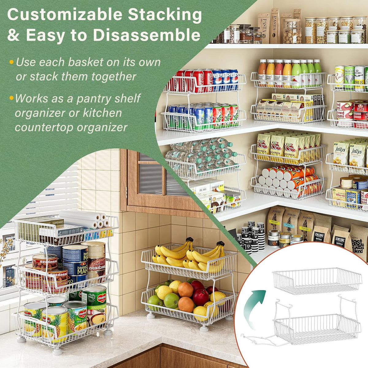 OKZEST 3-Tier Rolling Pantry Floor Organizer and Storage Cart with Wheels, Stackable Wire Pantry Baskets for Pantry Shelves, Kitchen Storage Rack and Fruit Basket Stand for Fruit Snack Onion Potato