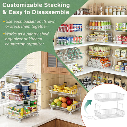 OKZEST 3-Tier Rolling Pantry Floor Organizer and Storage Cart with Wheels, Stackable Wire Pantry Baskets for Pantry Shelves, Kitchen Storage Rack and Fruit Basket Stand for Fruit Snack Onion Potato