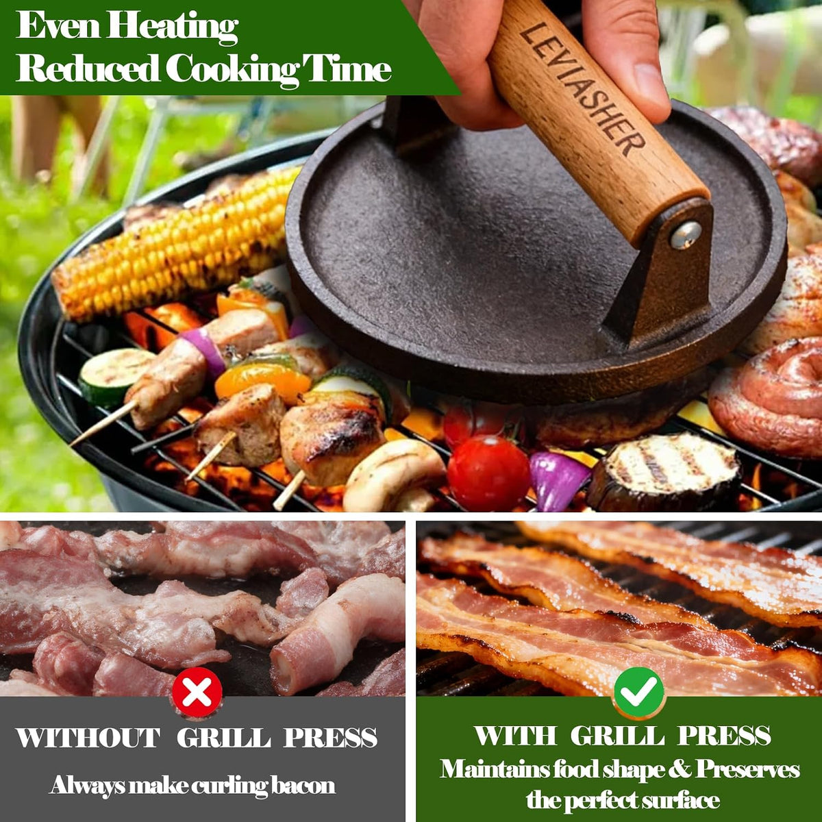 2.1lb Steak Weight & Burger Press, Grid Base, 7"X4" Rectangle Heavy Duty Cast Iron Grill Press with Wood Handle for Blackstone, Chef, Camp, Panini, Vegetable, Bacon, Sandwich, BBQ