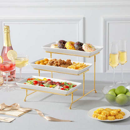 MALACASA 3 Tier Serving Trays for Party, Porcelain Serving Platters and Trays, 12 Inch Tiered Tray Stand, Fruit Tray, Trays for Serving Food, White Dessert Stand with Collapsible Sturdier Metal Rack