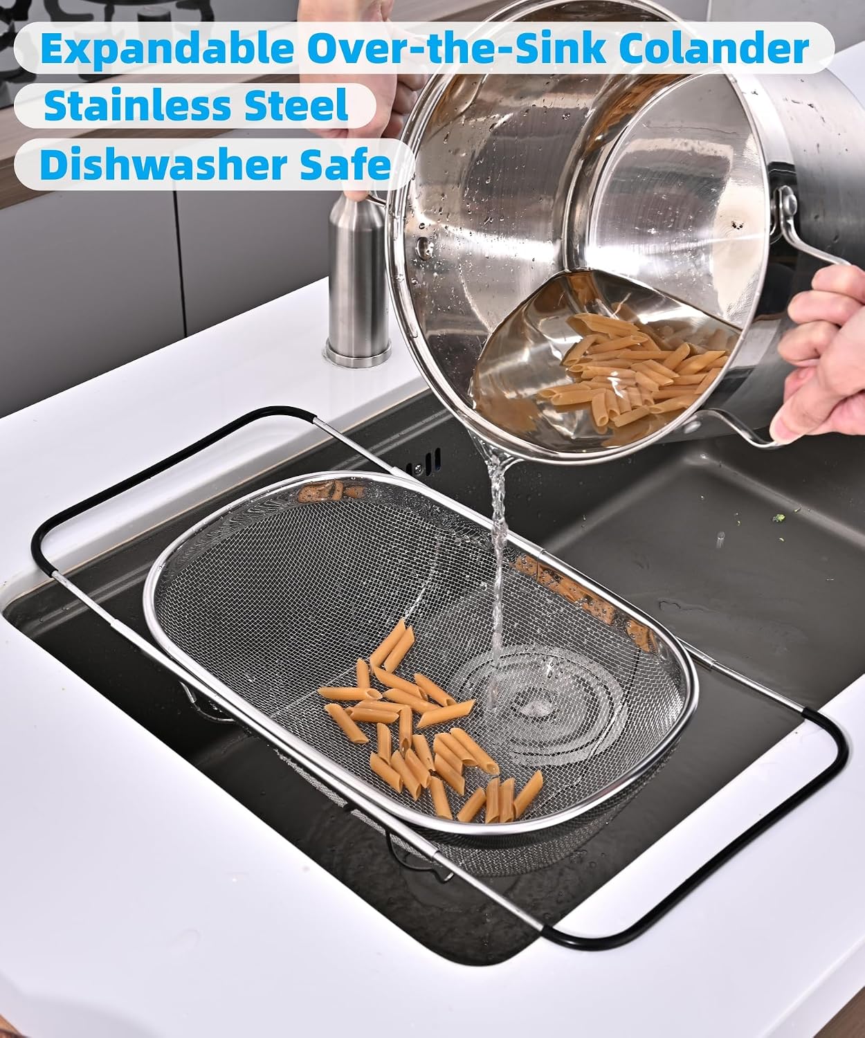 Over The Sink Colander, Stainless Steel Expandable Strainer Basket, Extendable Handles, Dishwasher Safe for Pasta Vegetables Fruits
