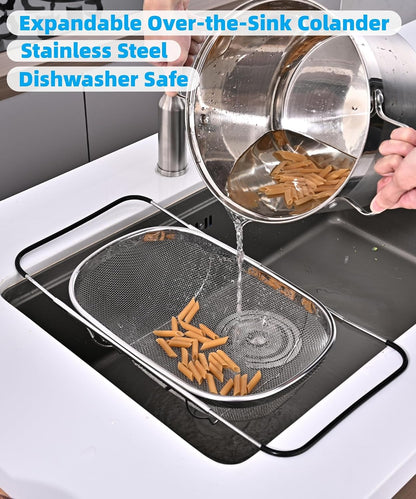 Over The Sink Colander, Stainless Steel Expandable Strainer Basket, Extendable Handles, Dishwasher Safe for Pasta Vegetables Fruits