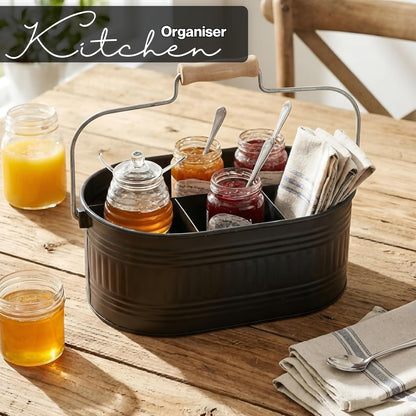 Alpha Living Home Galvanized Metal Utensil Caddy - Rustic Farmhouse Organizer Metal Garden Caddy with 4 Compartments and Wooden Handle for Kitchen, Buffet & Outdoor Events (Silver)