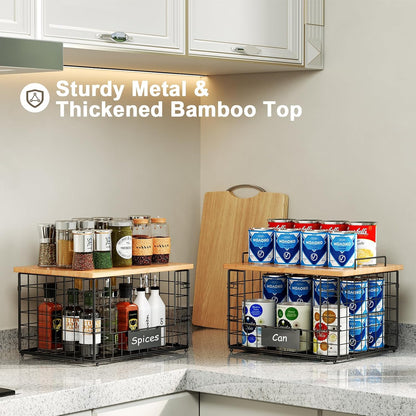 2 Pack Stackable Wire Baskets with Bamboo Top for Pantry Organizers and Storage, XXL Kitchen Organization Counter Basket for Fruit, Vegetable, Produce, Bread, Potato and Onion Storage Bins