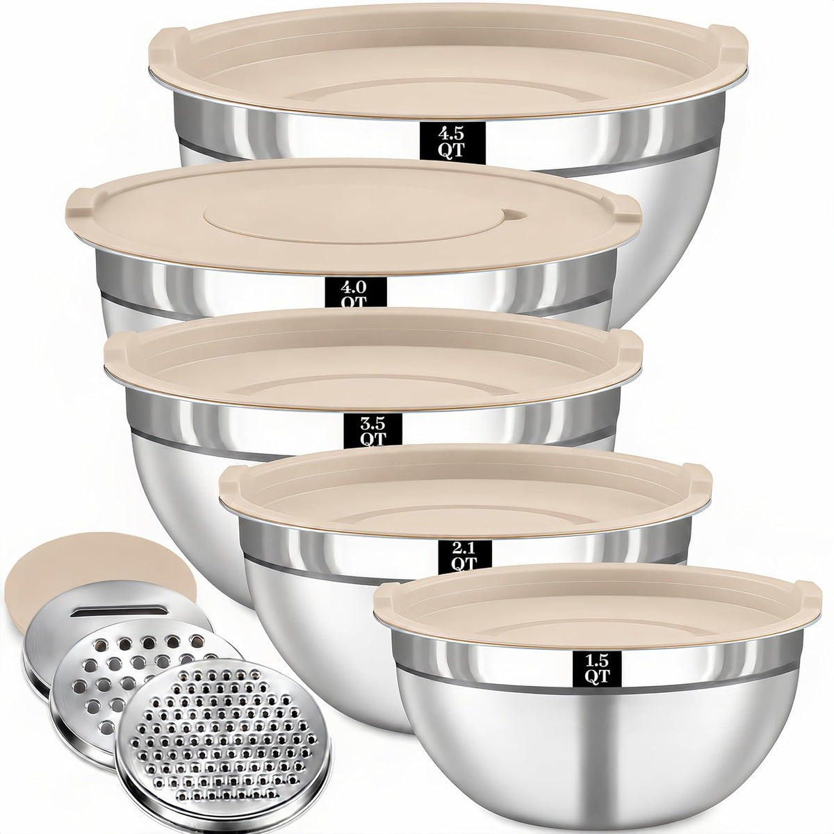 8PCS Stainless Steel Mixing Bowls with Lids - 5PCS Nesting Bowls, 3 Grater Attachments for 4.0 QT Bowl, Stainless Steel Mixing Bowls for Mixing & Serving, Size 1.5/2.1/3.5/4/4.5 QT, Khaki