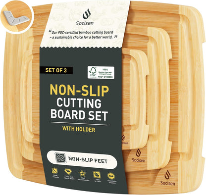 3 Packs Bamboo Cutting Board Set with Non Slip Feet Holder and Over Sink Nice Solid Thick Wood Juice Groove Chopping Board Extra Large Big Small Best Hardwood Kitchen Organic Vegetable Meat BBQ Kit