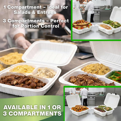9x9 3-Compartment Hinged Vented Food Containers, 50 Pack – Clamshell Takeout Containers, Meal Prep Food Storage, 3 Compartment Food Containers, To Go Boxes & Cake Slice Box - Black