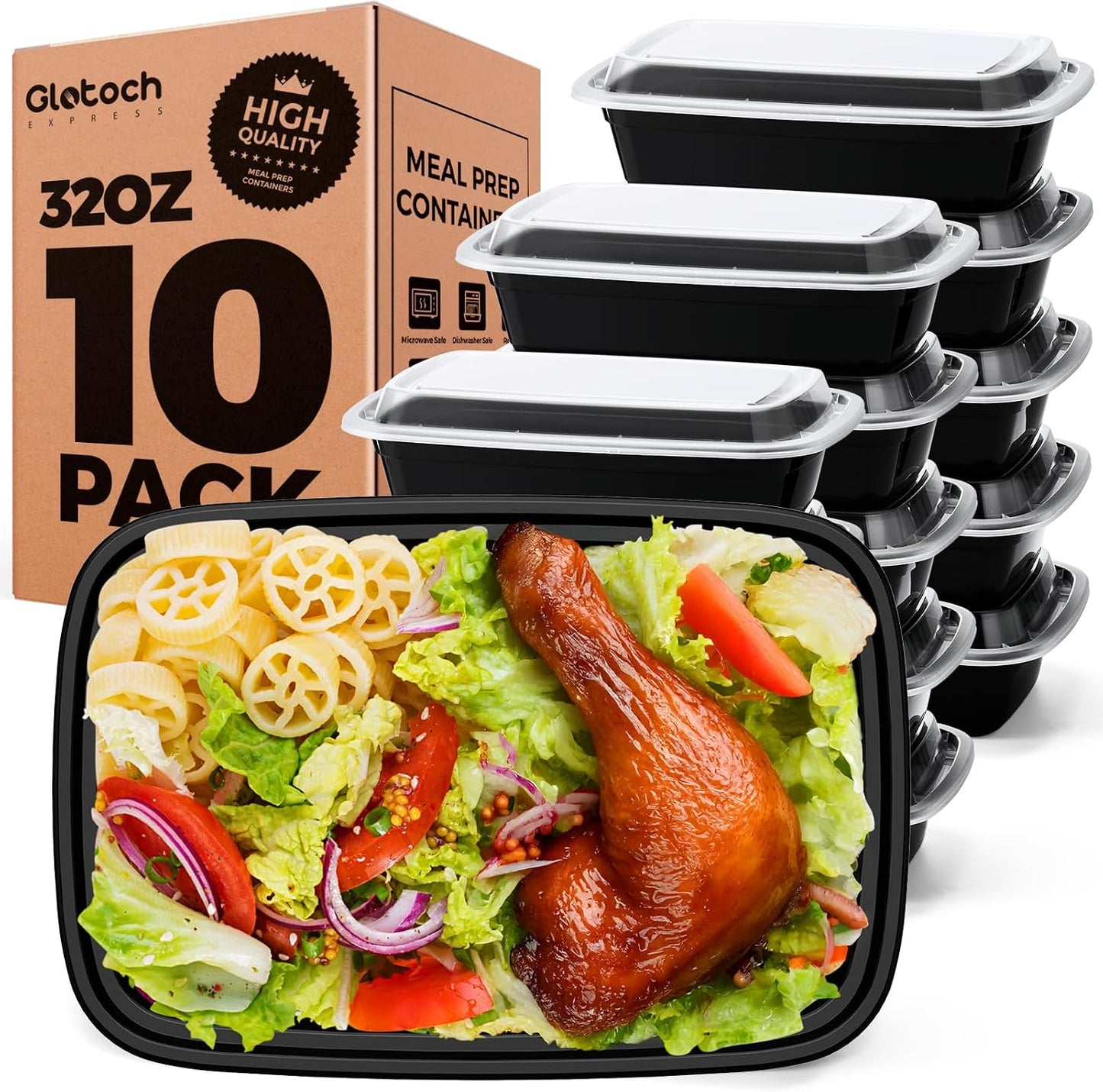 Glotoch 10-Pack Meal Prep Containers with Lids (20-Piece Set), 24 oz Reusable Food Storage Containers, Heavy-Duty Leakproof Bento Boxes, BPA-Free, Microwave/Freezer/Dishwasher Safe, Black