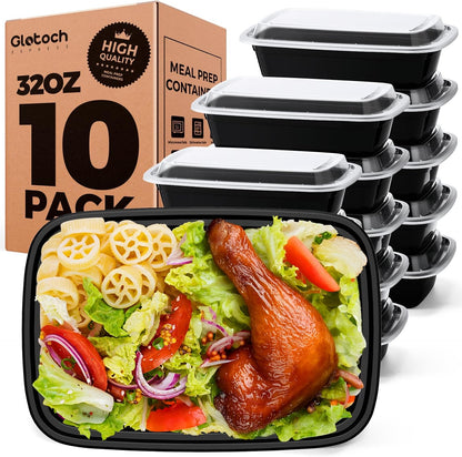 Glotoch 10-Pack Meal Prep Containers with Lids (20-Piece Set), 24 oz Reusable Food Storage Containers, Heavy-Duty Leakproof Bento Boxes, BPA-Free, Microwave/Freezer/Dishwasher Safe, Black