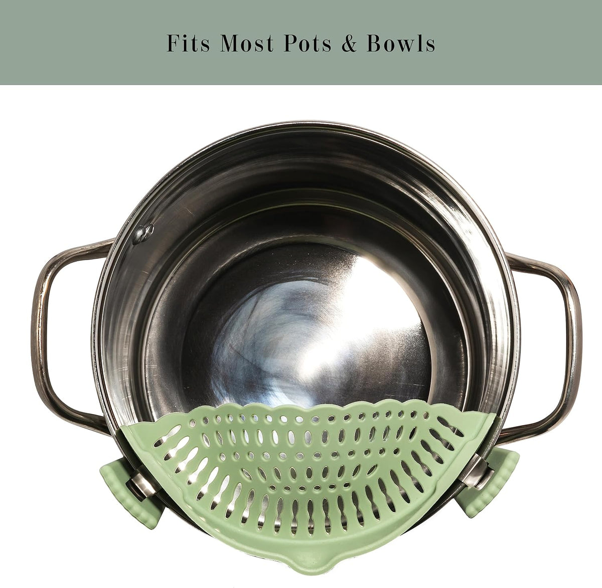 The Silicone Kitchen Clip on Silicone Strainer, Colander Fit Most Pots, Pans, Bowls, Ideal for Pasta, Vegetables, Fruit, Non-Toxic, BPA Free, 2 Pack, Green, Gray