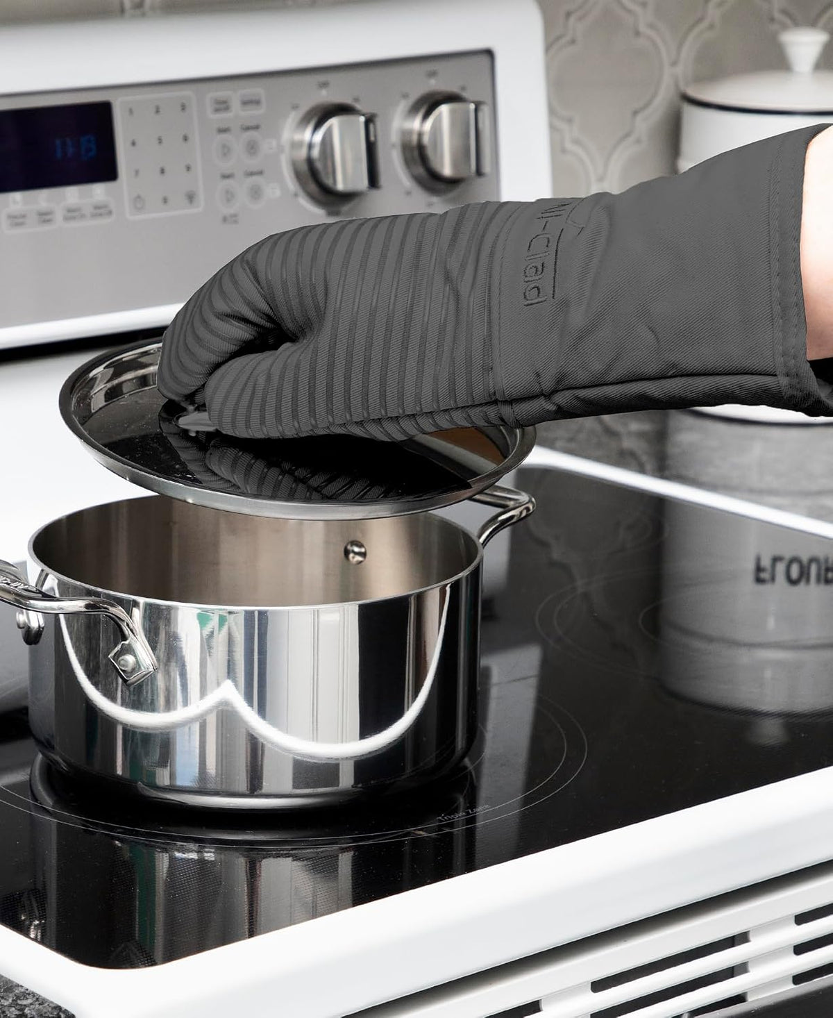 All-Clad Silicone Oven Mitts: Heat Resistant up to 500 Degrees - 100% Cotton & Silicone, 14"x7" Oven Mitt for Kitchen and Barbeque, Pewter