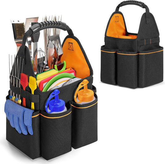 HODRANT Grill Utensil Storage Bag, Portable BBQ Tool Caddy with Divider & Boards, Large Grilling Tool Box with Pockets & Handle, Outdoor Barbecue Accessories Case for Camping & Kitchen, Bag Only