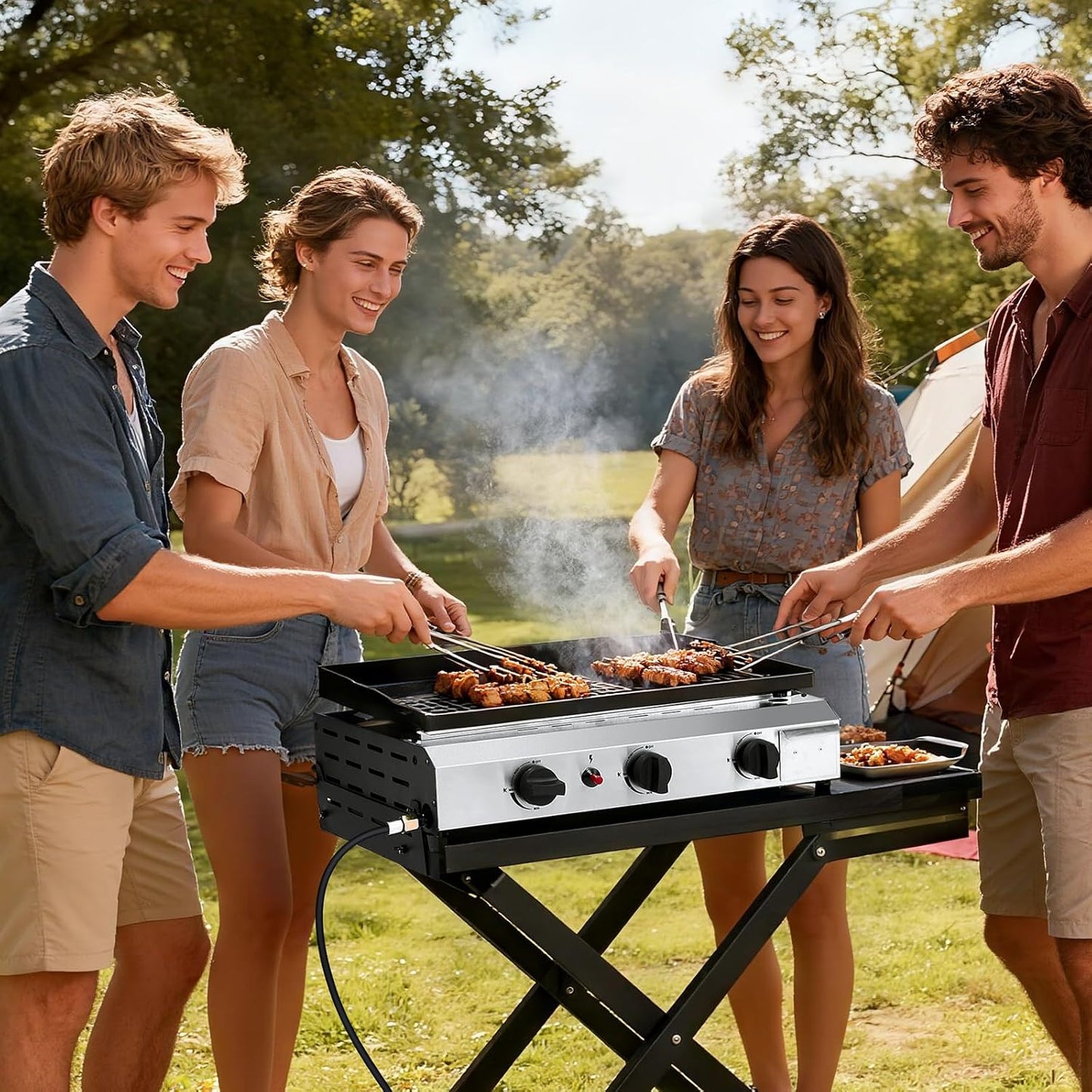Outvita 3 Burner Foldable Propane Griddle with Wheels & Enameled Tray, 30000 BTU Portable Flat Top Gas Grill with Electronic Ignition & Regulator for Outdoor Cooking Camping BBQ Tailgating Picnicking
