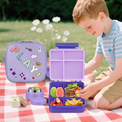 Kids Bento Lunch Box with Thermo, Include 9oz Soup Thermo, Kids Leakproof Lunch Box with 4 Compartment, Insulated Lunch Bag for Girls Boys to School Travel