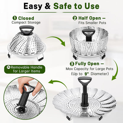 Steamer Basket for Pot, Stainless Steel Vegetable Steamer Basket for Cooking with Folding Expandable Design and Extendable Handle, Fits Various Size Pots, 5.1–9 Inch