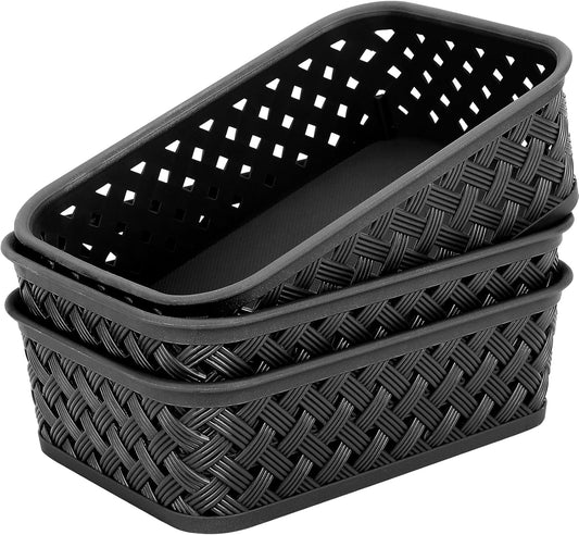 MaxGear Organization and Storage 3 Packs, Plastic Bins Organizer Bins, Woven Baskets for Storage, Plastic Baskets with Handles, Grey Basket for Organizing, Basket Organizer for Home and Office, Large