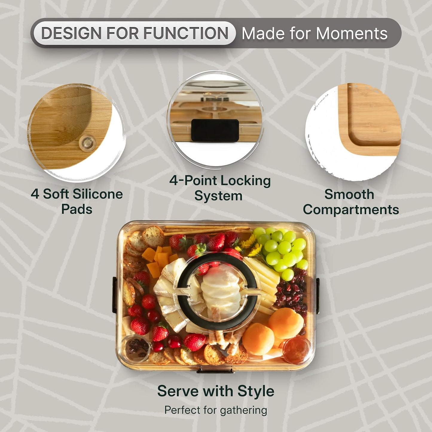 Charcuterie Board Set with Handless Lid – Bamboo Cheese Board with Sliding Drawer, 4 Stainless Steel Cheese Knives, 4 Forks, 2 Glass Bowls, Gift Bag – Perfect for Gift