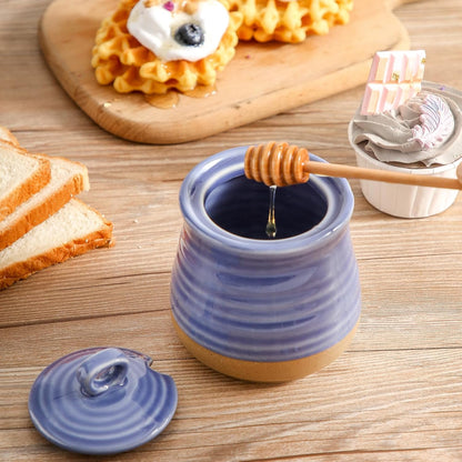 HASENSE Ceramic Honey Pot with Lid, 12 Ounce HoneyJar with Wooden Dipper, Honey Dipper Stick and Jar Set, Cute Small Container for Christmas Thanksgiving Gift, Dishwasher Safe, Blue