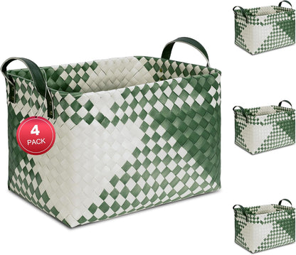 15L Laundry Baskets Waterproof Storage Baskets For Shelves Large Laundry Hamper With Leather Handle -set of 4 Cube Organizers Woven Bins for Bathroom,Bedroom,Pantry,Clothes,Car & Towels-Brown