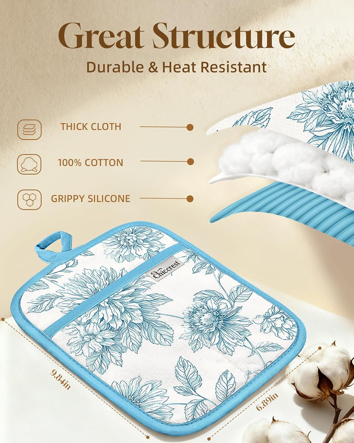 100% Thick Cotton Pot Holders Ribbed Soft Silicone Bright Flower