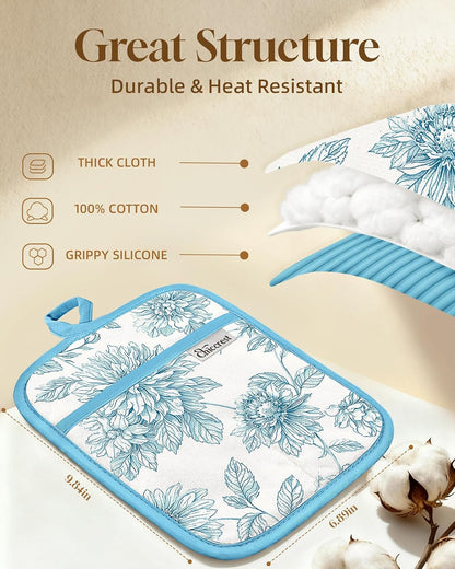100% Thick Cotton Pot Holders Ribbed Soft Silicone Bright Flower