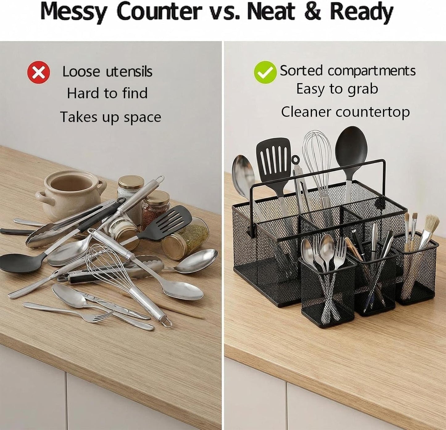 Neudeco Utensil Holder Set of 3, Black | Silverware Caddy, Portable Cutlery Storage & Paper Plate Organizer, Metal Mesh, Adjustable Dividers