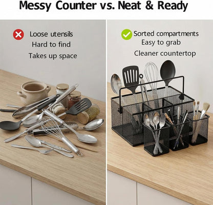 Neudeco Utensil Holder Set of 3, Black | Silverware Caddy, Portable Cutlery Storage & Paper Plate Organizer, Metal Mesh, Adjustable Dividers