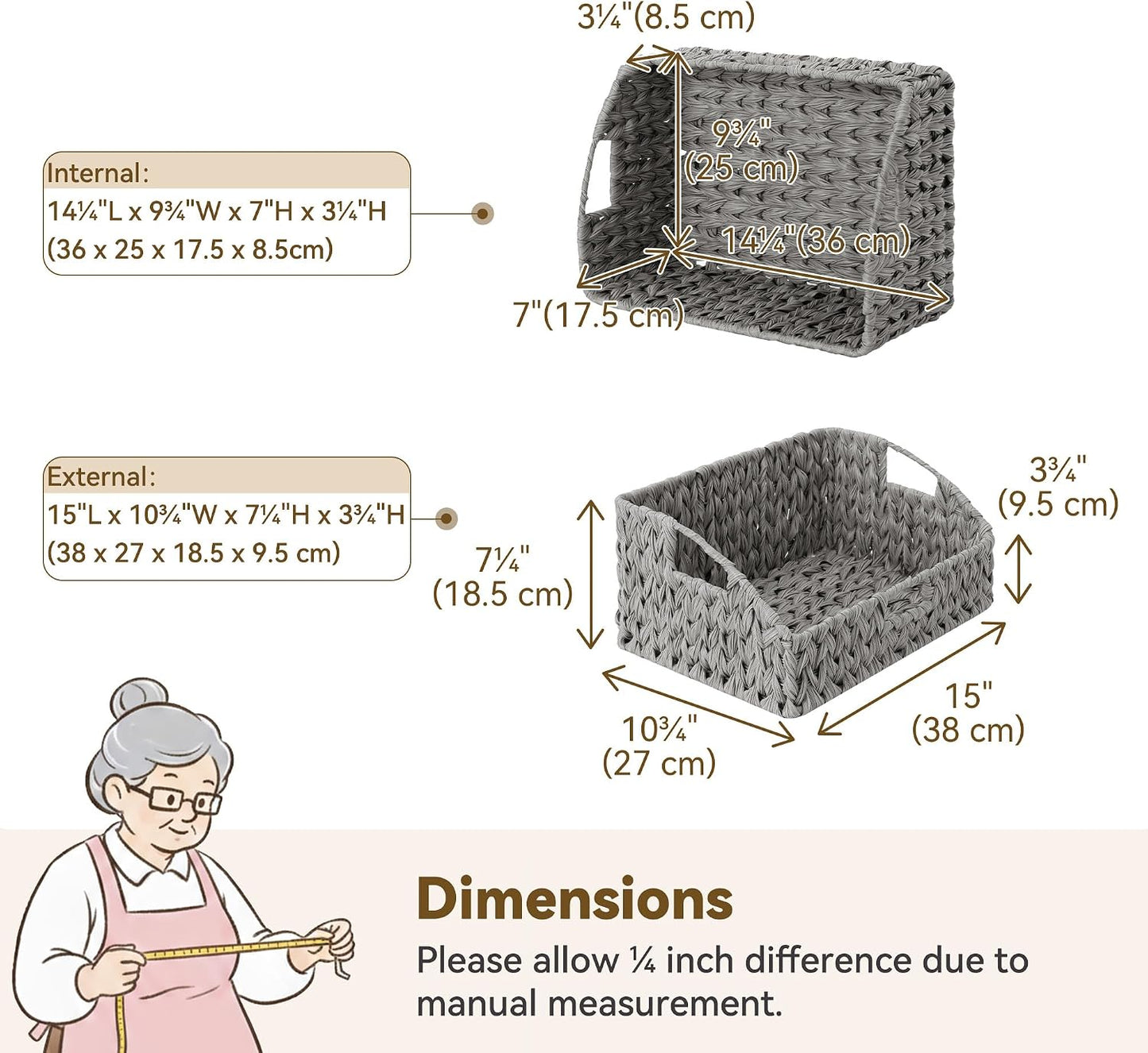 GRANNY SAYS Wicker Storage Baskets for Shelves, Trapezoid Woven Basket with Handles, Storage Wicker Baskets for Pantry, Water Hyacinth, 2-Pack