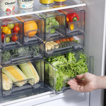 Pull Out Clear Fridge Organizer Drawers with Drainer, Refrigerator Stackable Storage Bins for Kitchen Fruit & Veggie Organization (Complete Set)