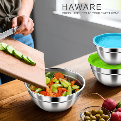 HaWare Mixing Bowls with Airtight Clear Lids, 6-Piece Stainless Steel Strong Nesting Bowls Set, Metal Salad Bowl for Cooking, Prepping, Baking, Serving & Food Storage, Size 4.6, 3, 1.5QT, Khaki