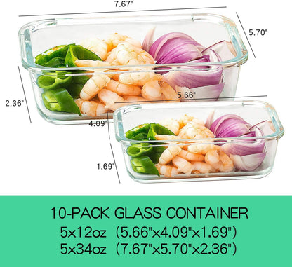 C CREST [10 Pack] Glass Meal Prep Containers, Food Storage Containers with Lids Airtight, Glass Lunch Boxes, Microwave, Oven, Freezer and Dishwasher Safe