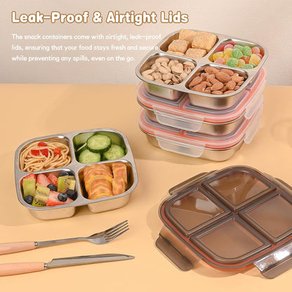 3 Pack Stainless Steel Snack Containers with Airtight Lids, 4 Compartment Food Storage Containers, Reusable Metal Meal Prep Lunch Boxes, Dishwasher Safe, Divided Plates for Adults (Black)