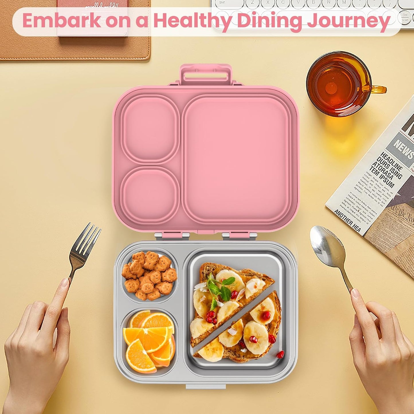 Pawtong Stainless Steel Bento Lunch Box for Kids | 3-Compartment Lunch Box Container Kids | 100% Leakproof, Eco-Friendly, Perfect Portion Control for Kids&Adult Healthy Meals (Purple)