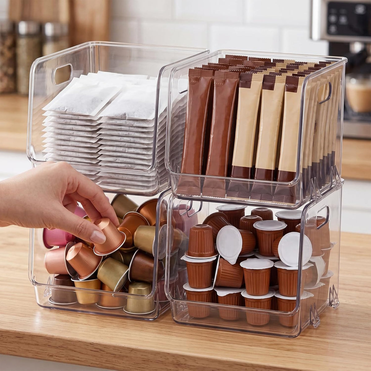 4 Pcs Clear Plastic Storage Bins Stackable Pantry Storage Organizer Kitchen Cabinet Organizers Ideal Containers for Coffee Pod Tea Sugar Bag Fridge Caddy Office