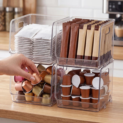 4 Pcs Clear Plastic Storage Bins Stackable Pantry Storage Organizer Kitchen Cabinet Organizers Ideal Containers for Coffee Pod Tea Sugar Bag Fridge Caddy Office